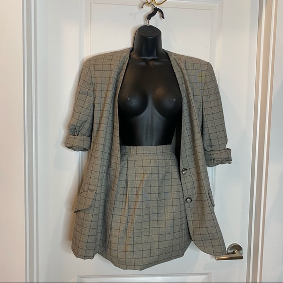 Vintage Gray Check Skirt Suit Size 10
